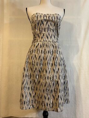 LOFT tan brown white ikat print tie-waist smocked strapless dress
